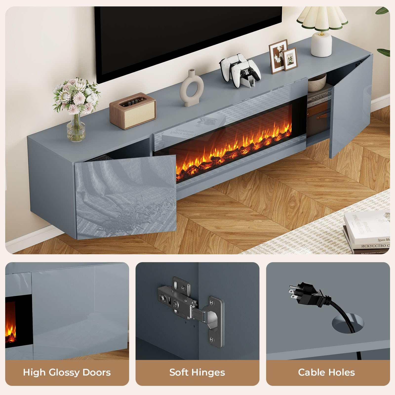 BREEZEHEAT 70'' Floating TV Stand with Fireplace, Modern Wall Mounted Entertainment Center for TVs Up to 80", High Gloss Media Console for Living Room, Decorative Faux Fireplace, Remote Control, Grey