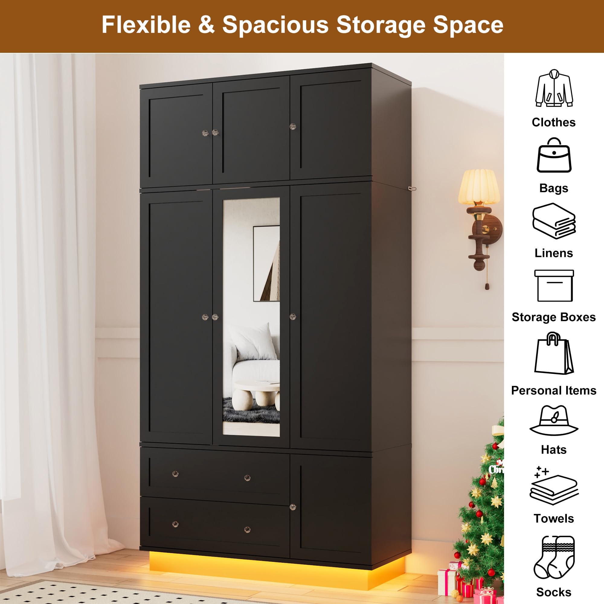 92.2" Tall Armoire Wardrobe Closet with Mirror & Motion Sensor Light, Large Storage Cabinet with 2 Drawers, Hanging Rod & Adjustable LED Strip, Anti-Tipping Wood Bedroom Furniture, 47.4"L, Balck