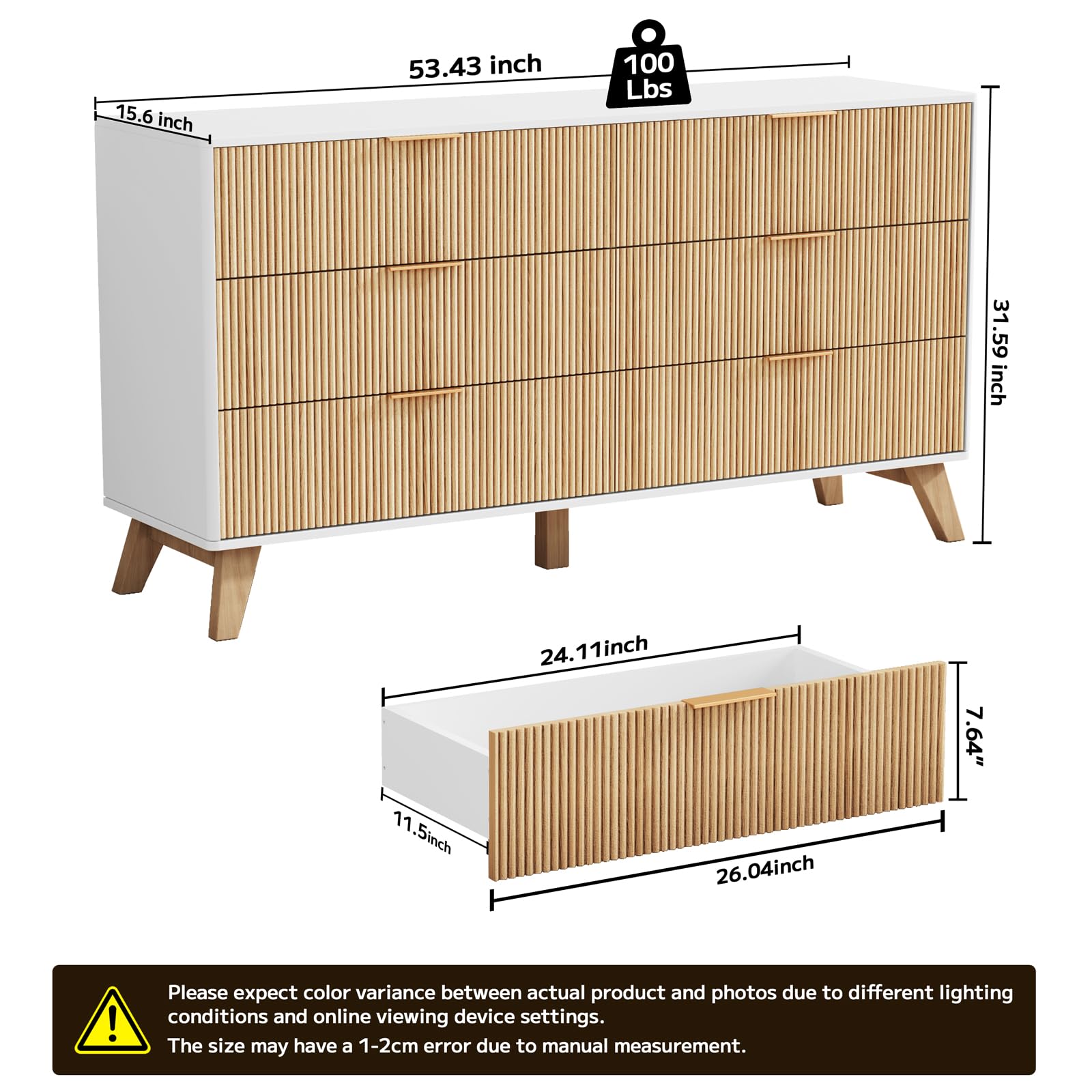 Fluted 6-Drawer Dresser with Wood Legs