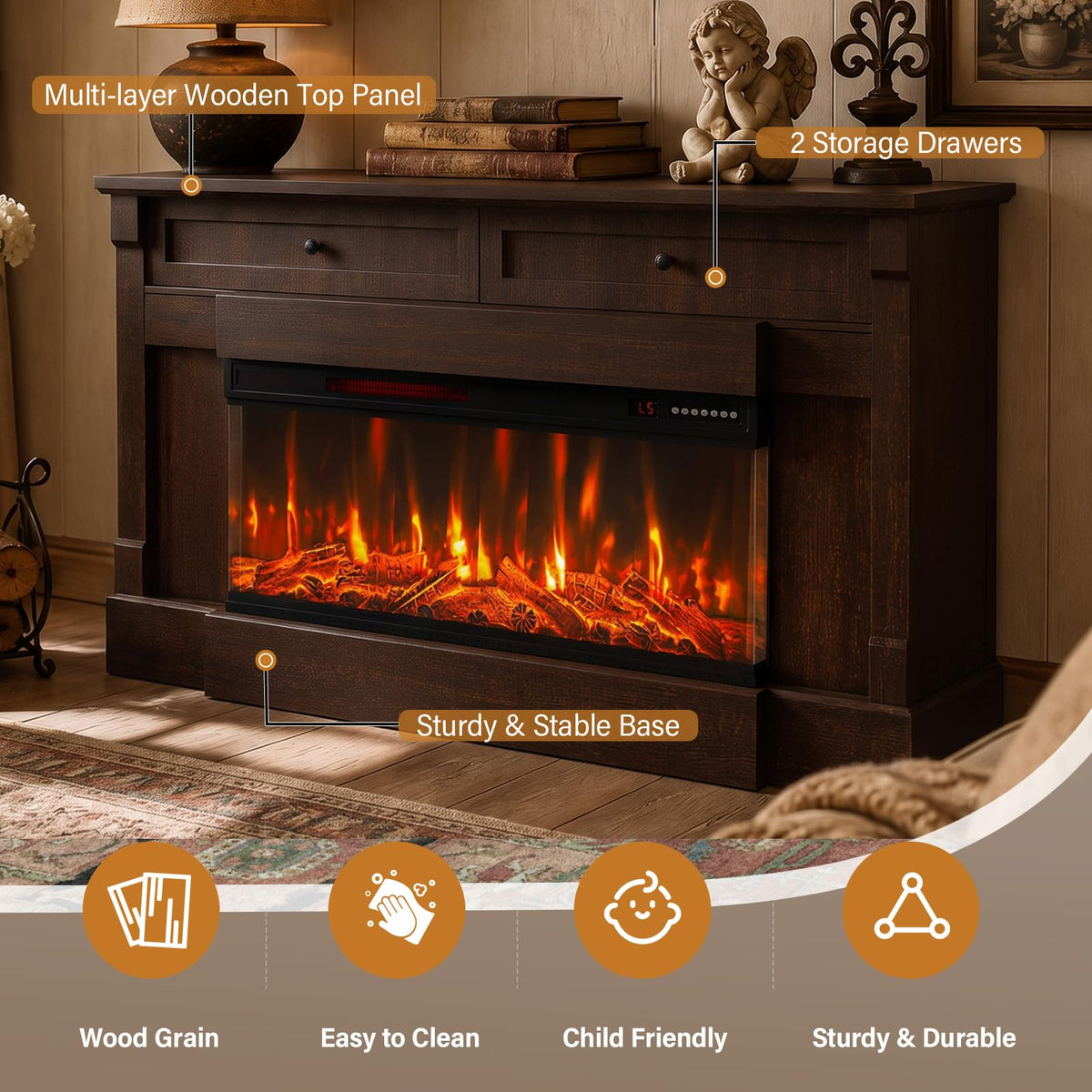 BREEZEHEAT Electric Fireplace with Mantel, 61" Farmhouse TV Stand