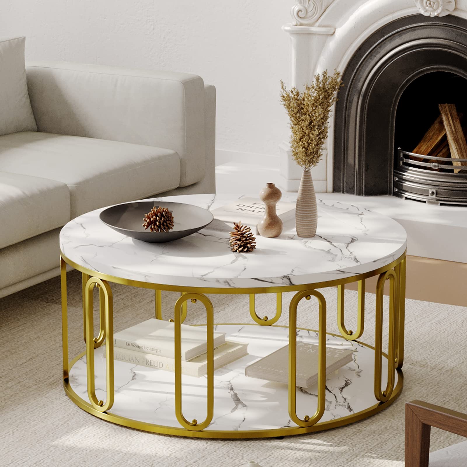 Easyzon Round Coffee Table, Wooden Marble Pattern Coffee Table with Round Open Storage, Solid Golden Metal Legs for Living Room, White