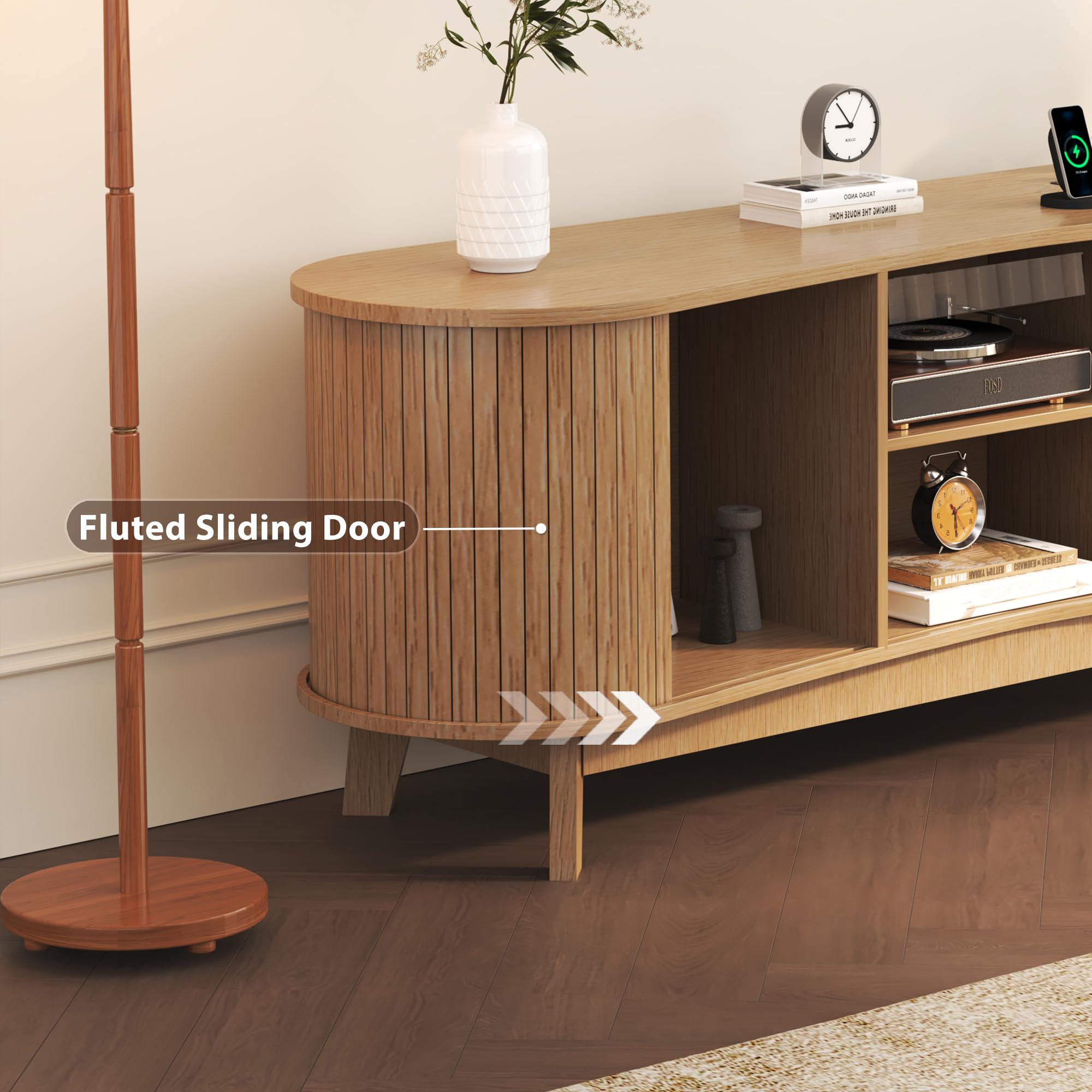 Mid Century Modern TV Stand for 65 Inch TVs, Fluted TV Stands with Open Shelves and Sliding Door, Media Cabinet with Power Outlet, Entertainment Center with Storage for Living Room, Natural