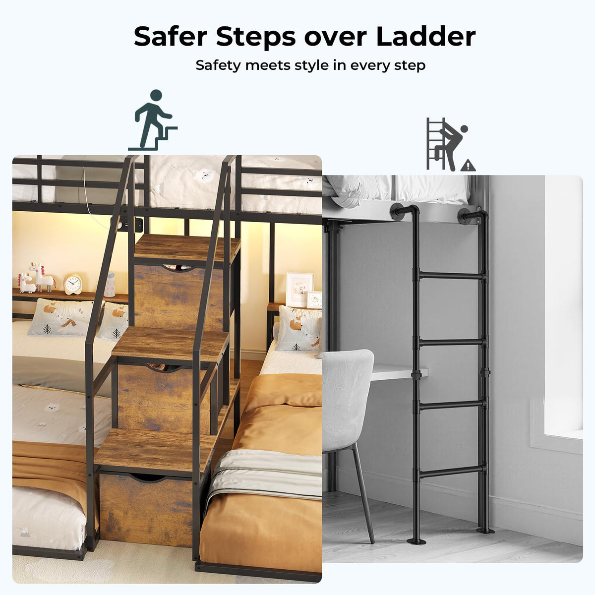 ADORNEVE Triple Bunk Bed Twin Over Twin with Storage Staircase, Black