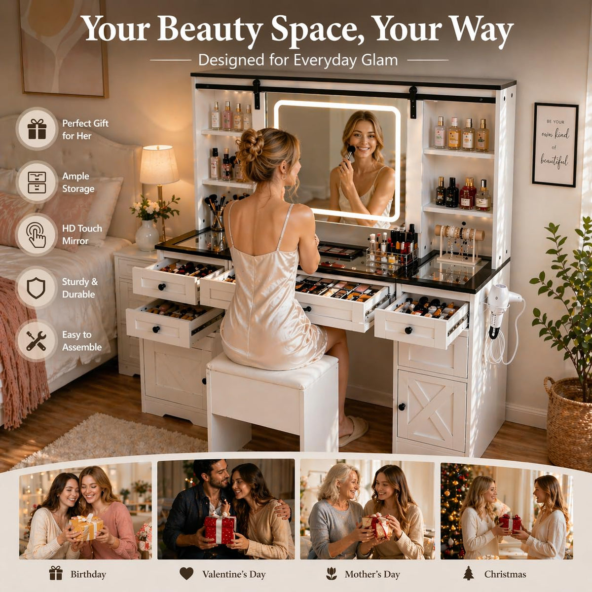 Glass Top Makeup Vanity with LED Mirror