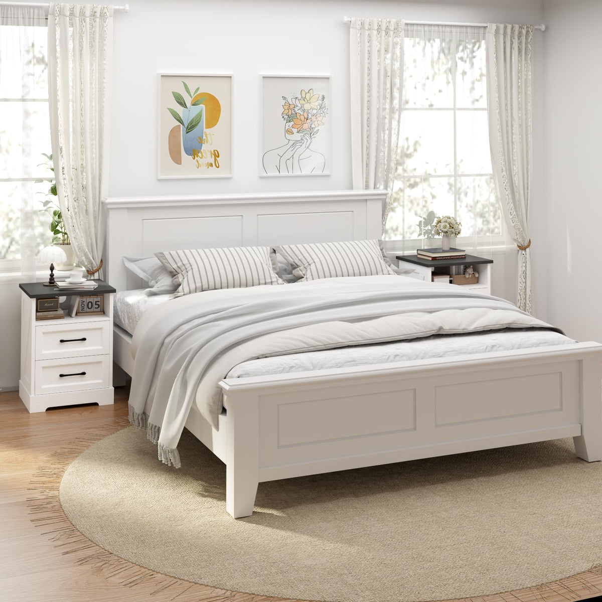 White Farmhouse Nightstands, Set of 2