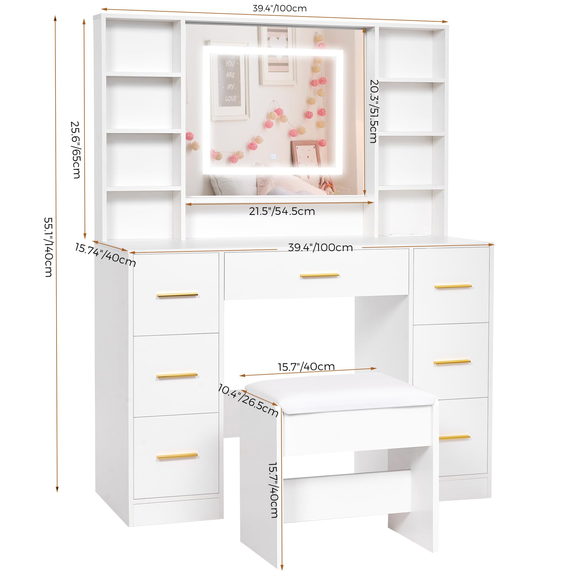 ANWBROAD Vanity Desk Table with Lighted Mirror 39.4“ Girls Makeup Vanity with Power Outlet 3 Colors Lighting Adjustable Brightness Vanity Table for Women Bedroom Dressing Room White UBDT65W