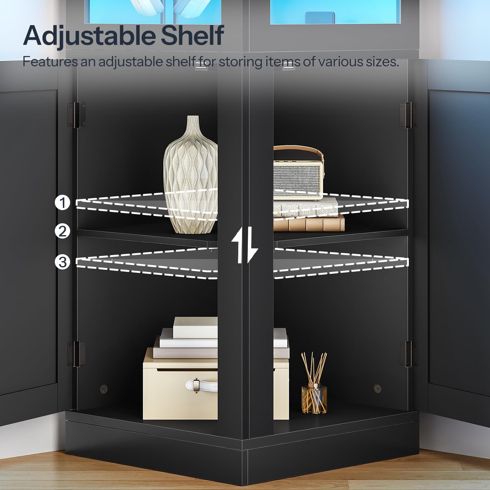 HOOBRO Corner Display Cabinet with Glass Doors，69.5" Glass Display Cabinet with LED Lights, Corner Storage Cabinets for Collectibles, Books, Modern Curio Cabinets Bookcase, Black BK01DDC01