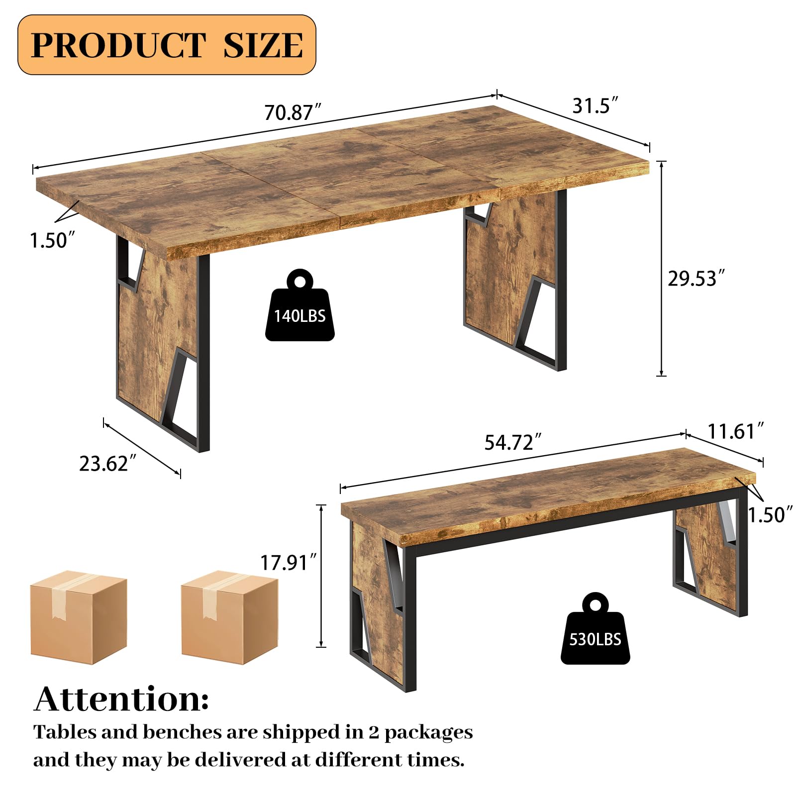 70.8-Inch Dining Table Set with 2 Benches | MDF & Metal | Seats 6-8