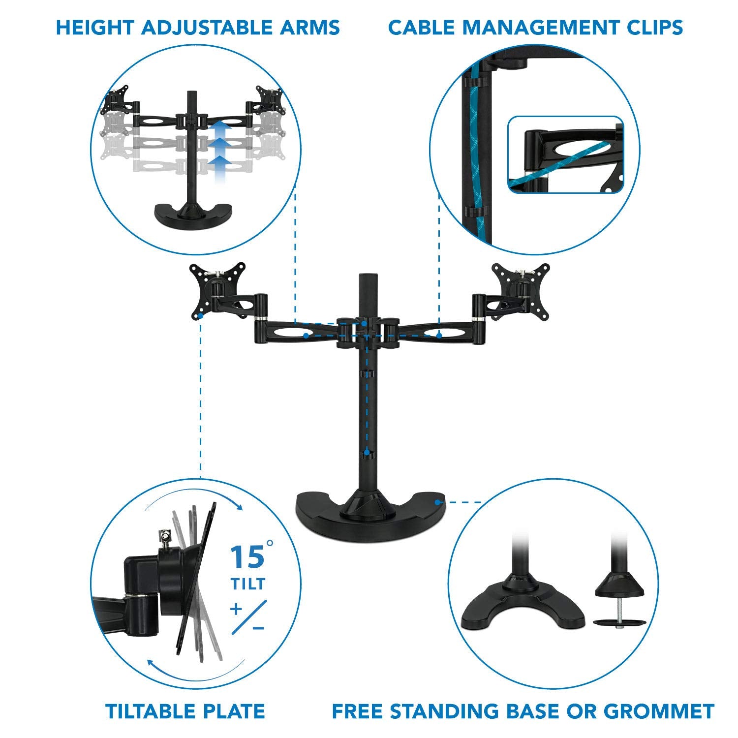 Dual Monitor Stand – Full Motion Arms, VESA 75x75/100x100, Freestanding or Grommet