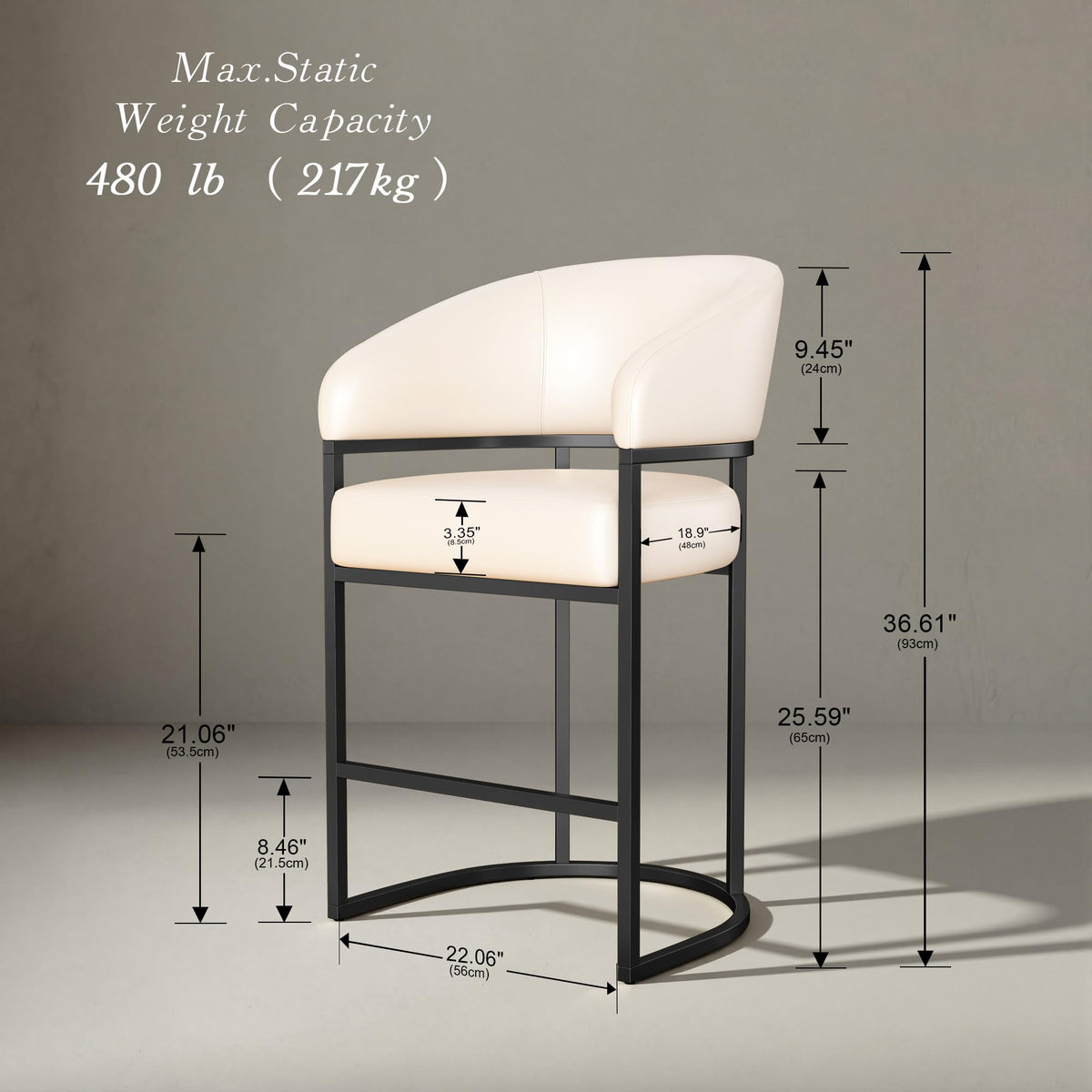 LVHOMLAX Modern Counter Height Bar Stools,Bar Stools Set of 4,PU Leather Upholstered Barrel Barstools with Backs,26" Kitchen Island Chairs,Metal Black Frames,Support 480 LBS,Beige White Leather