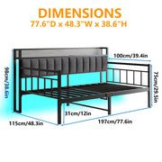 BOFENG Metal Daybed Frame Twin Size with Charging Station,LED Light,Metal Twin Bed Frame with Upholstered Headboard with Strong Steel Slats for Living Room,Bedroom and Guest Room