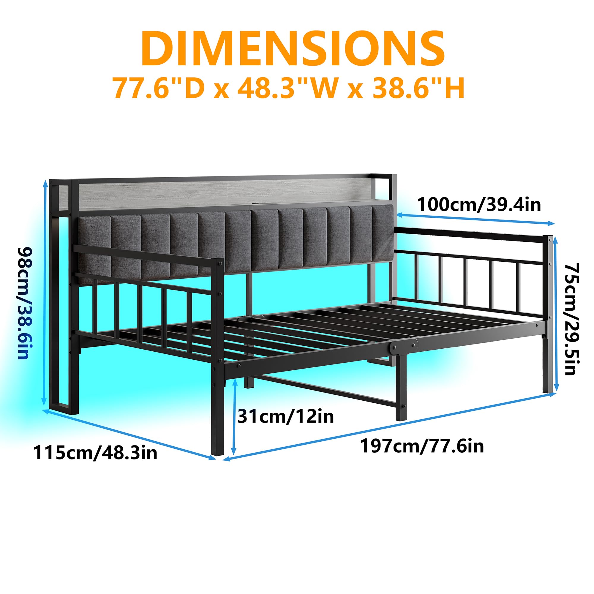BOFENG Metal Daybed Frame Twin Size with Charging Station,LED Light,Metal Twin Bed Frame with Upholstered Headboard with Strong Steel Slats for Living Room,Bedroom and Guest Room
