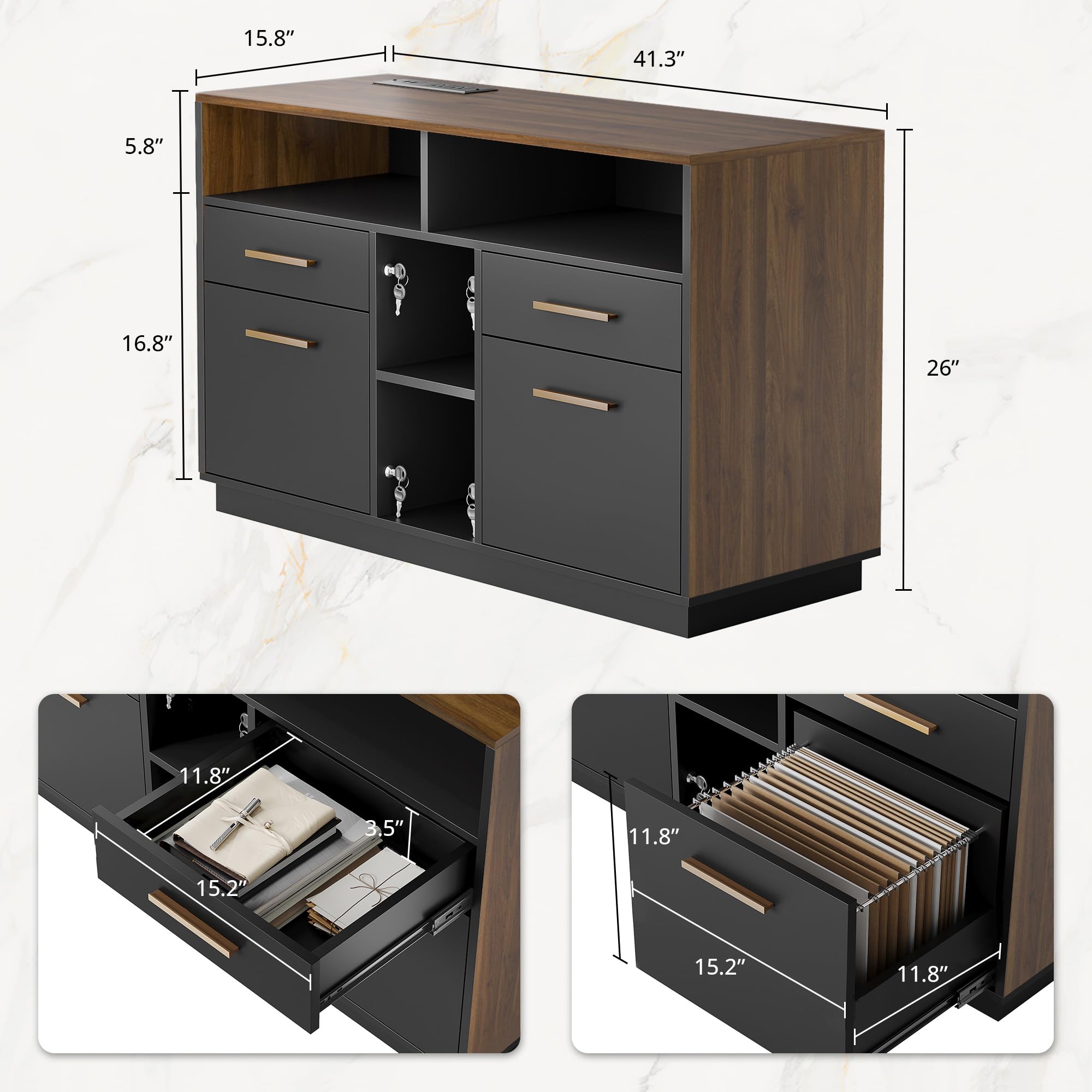 4-Drawer Wood File Cabinet with Lock & Power Strip