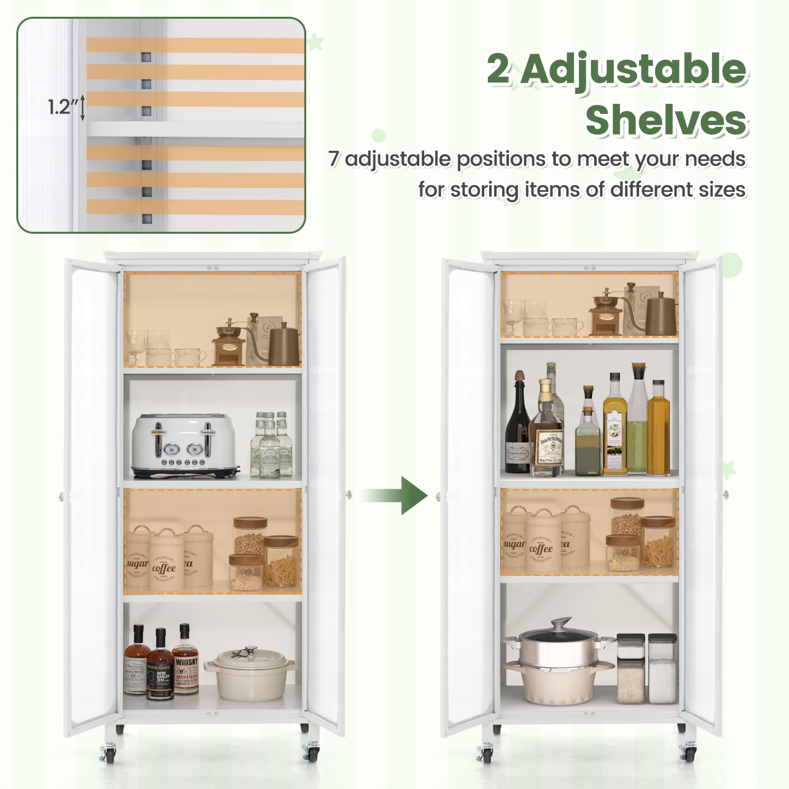 Giantex Bookcase with Doors, 58" Tall 4-Tier Bookshelf with Wheels, Adjustable Shelves, Heavy Duty Metal Frame, Freestanding Display Storage Cabinet for Living Room Bedroom Kitchen Pantry (White)