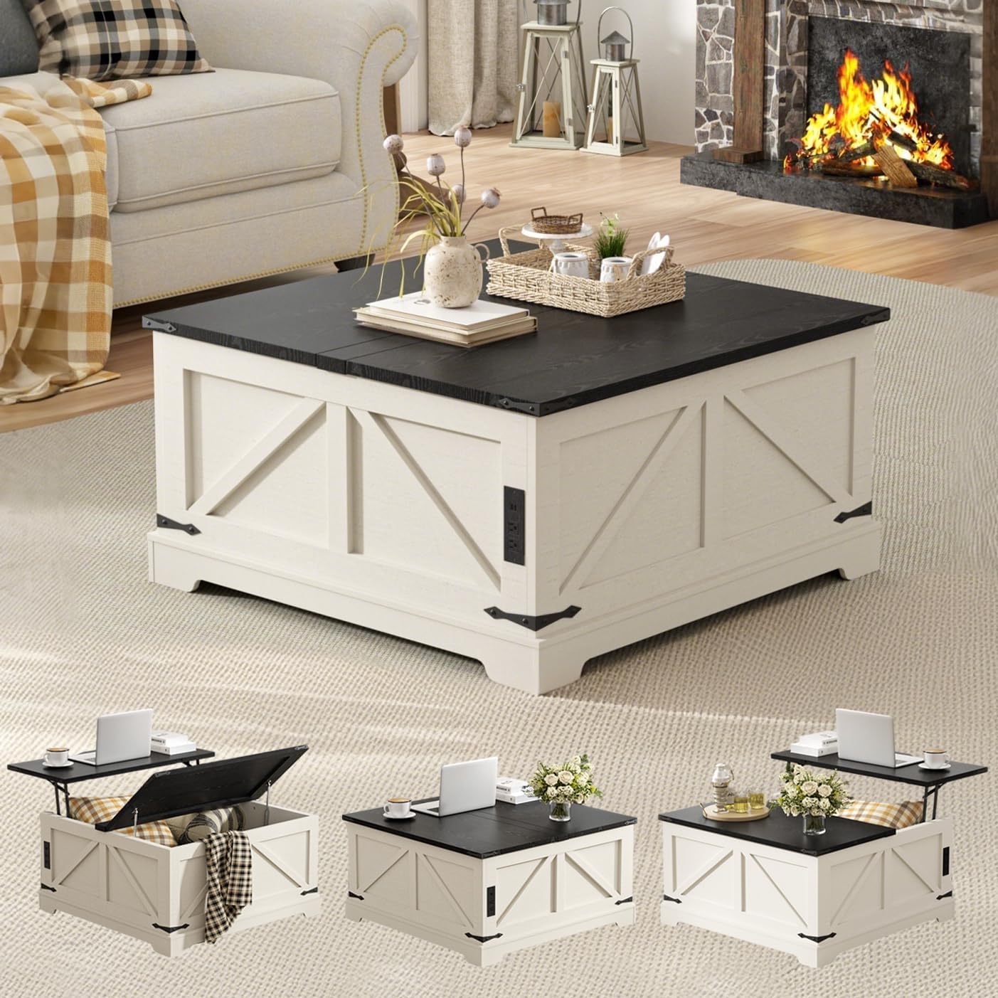 Vabches 35.4" Lift Top Coffee Table with Storage, Farmhouse Square Coffee Tables for Living Room, Center Table with Charging Station and Hidden Space, White