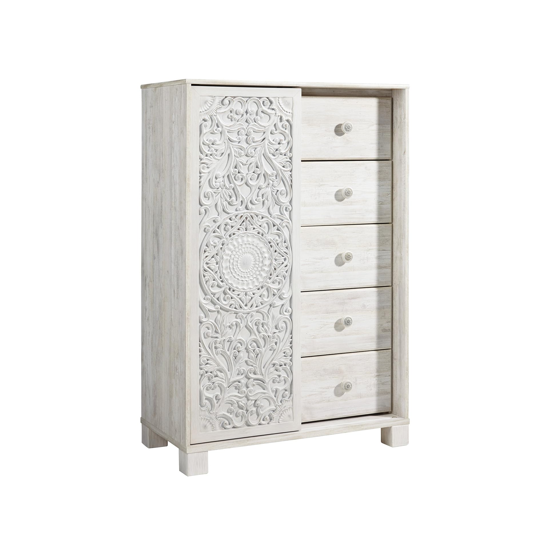 Signature Design by Ashley Paxberry Boho 5 Drawer Dressing Chest with Slider Door & 3 Adjustable Shelves, Whitewash