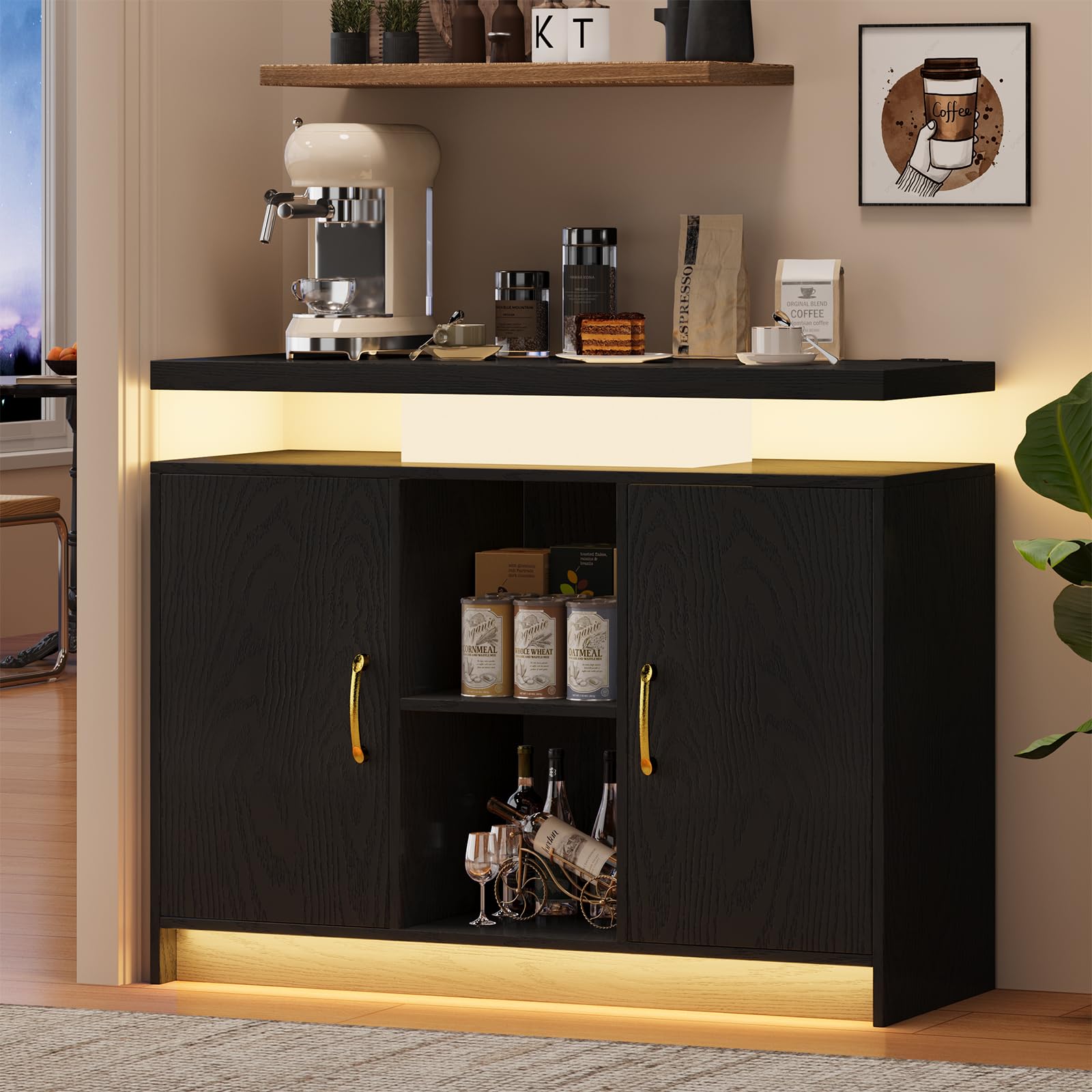 4 EVER WINNER Coffee Bar Cabinet with LED, Sideboard Buffet Cabinet with Storage, Coffee Station Cabinet with Charging Station, Black Coffee Bar for Kitchen, Dining Room