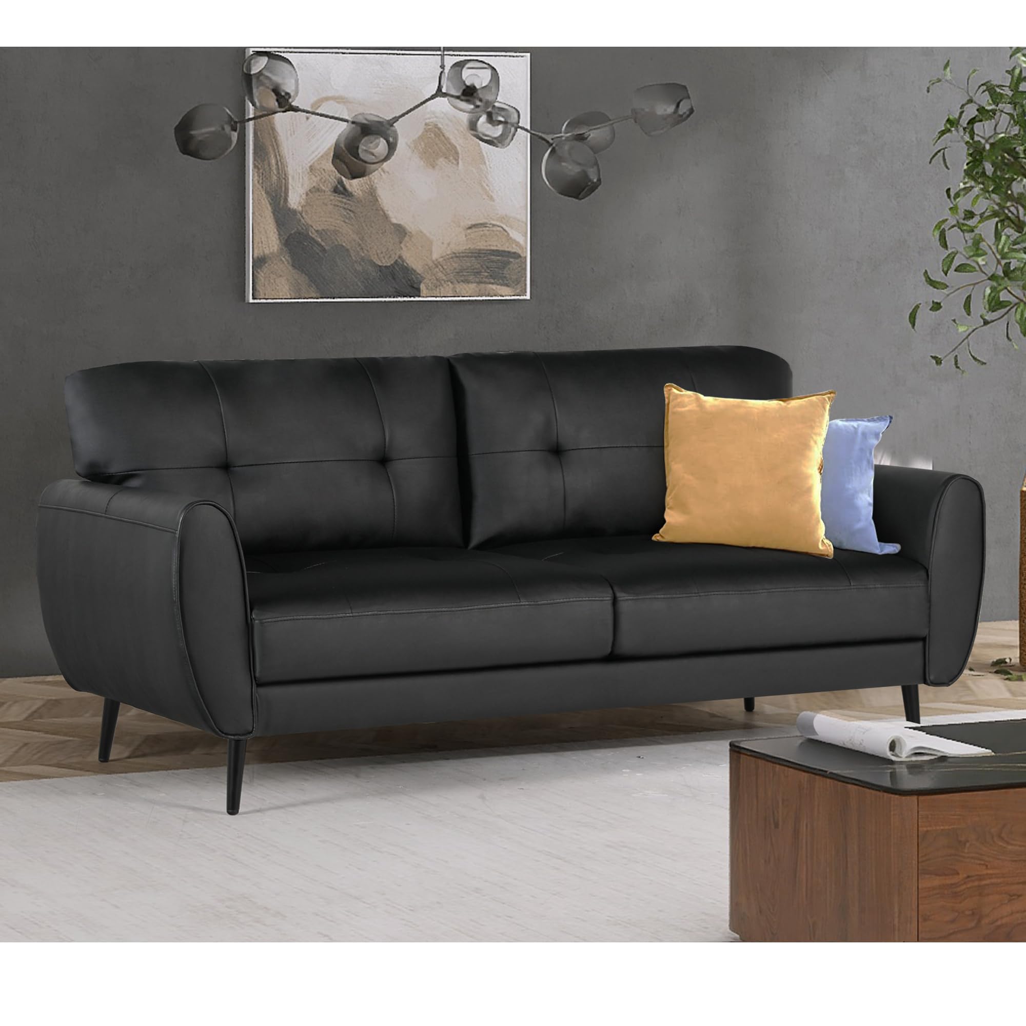 VAMEPOLE 60" Loveseat Sofa for Living Room, Mid Century Mini Black Couch, Tufted Leather Love Seat Furniture, Comfy Office 2 Seat, Small Couches for Small Spaces, Bedroom, Apartment