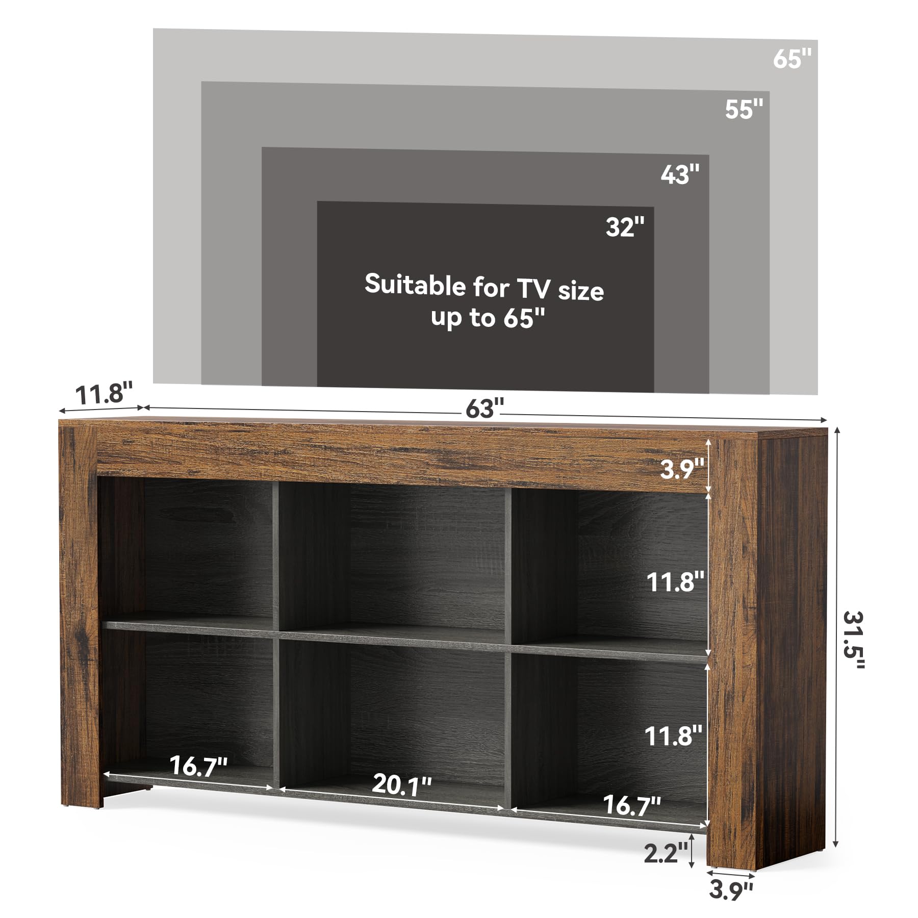 LITTLE TREE TV Stand with Storage, 63-Inch Entertainment Center with Shelves, Modern Media Console for Television up to 65" for Living Room, Bedroom, Brown + Black