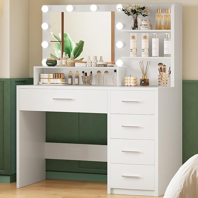 9-Drawer Vanity Desk with LED Mirror