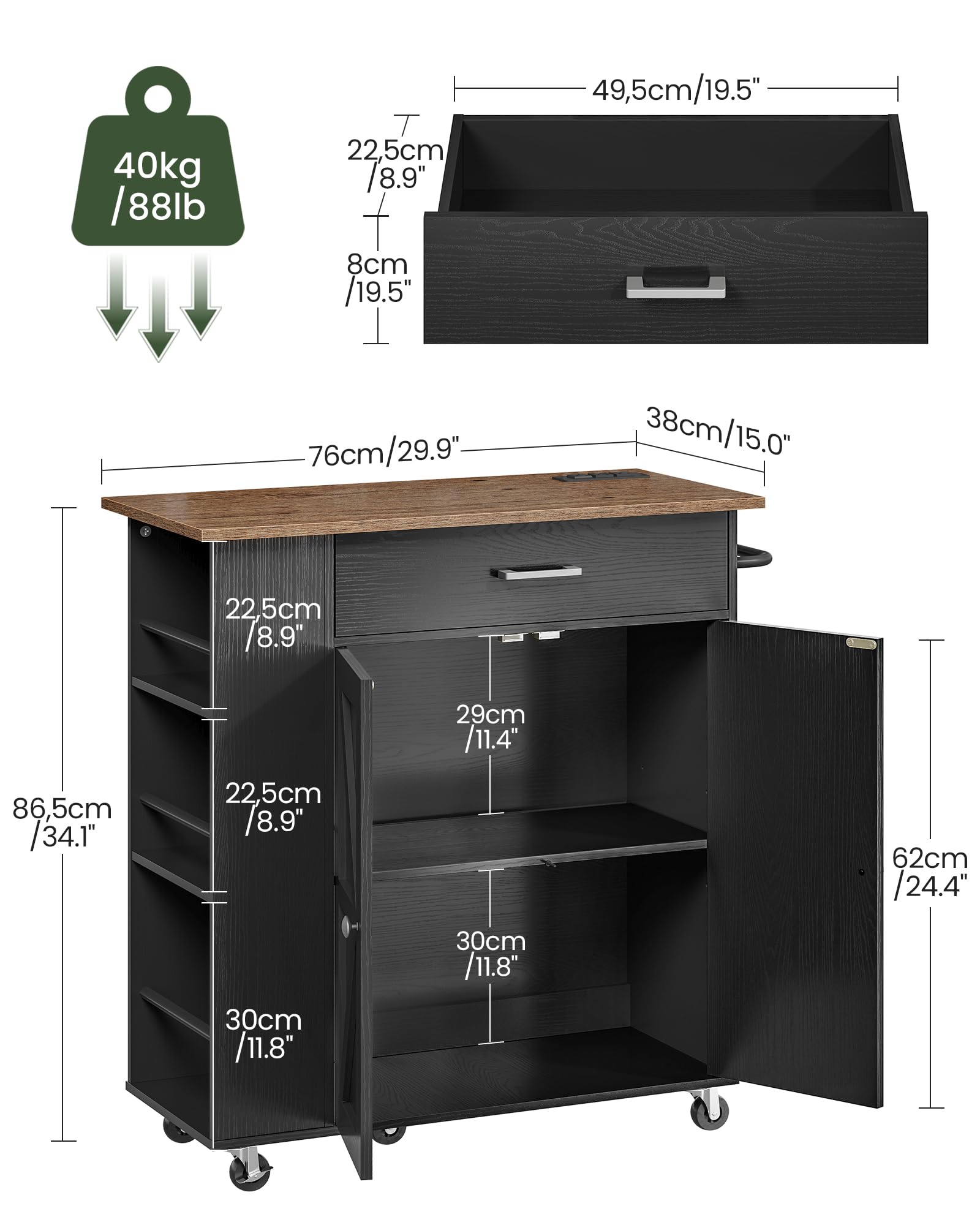CHOEZON Kitchen Island Cart with Storage, Bar Cart with Charging Station, Kitchen Island on Wheels, Rolling Mobile Table with Cabinet, 3 AC Outlets, Black and Walnut MZD04UBL