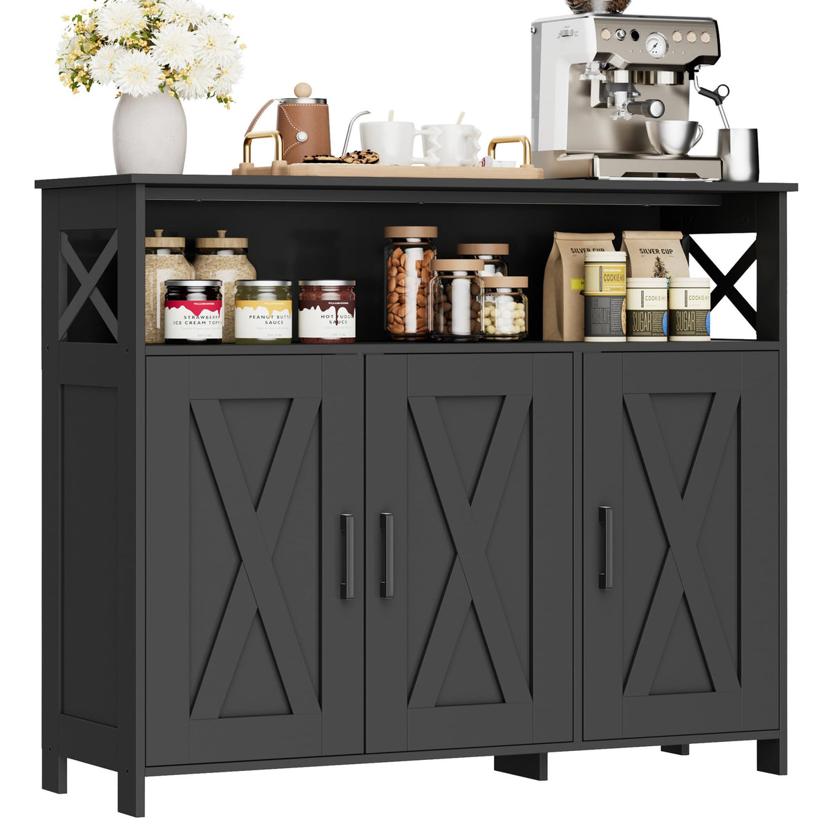 Homhedy Farmhouse Coffee Bar Cabinet, Kitchen Storage Cabinet, Black