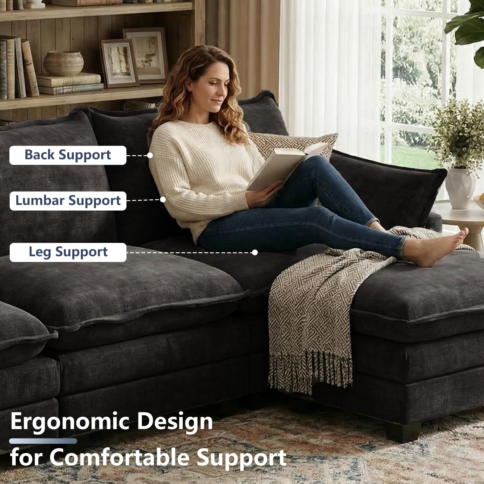 OhaiAura U Shaped Modular Sectional Sofa, Cloud Couch with Movable Ottoman, Comfy Chenille Sofa with Pillows for Living Room, Bedroom, Apartment, Black