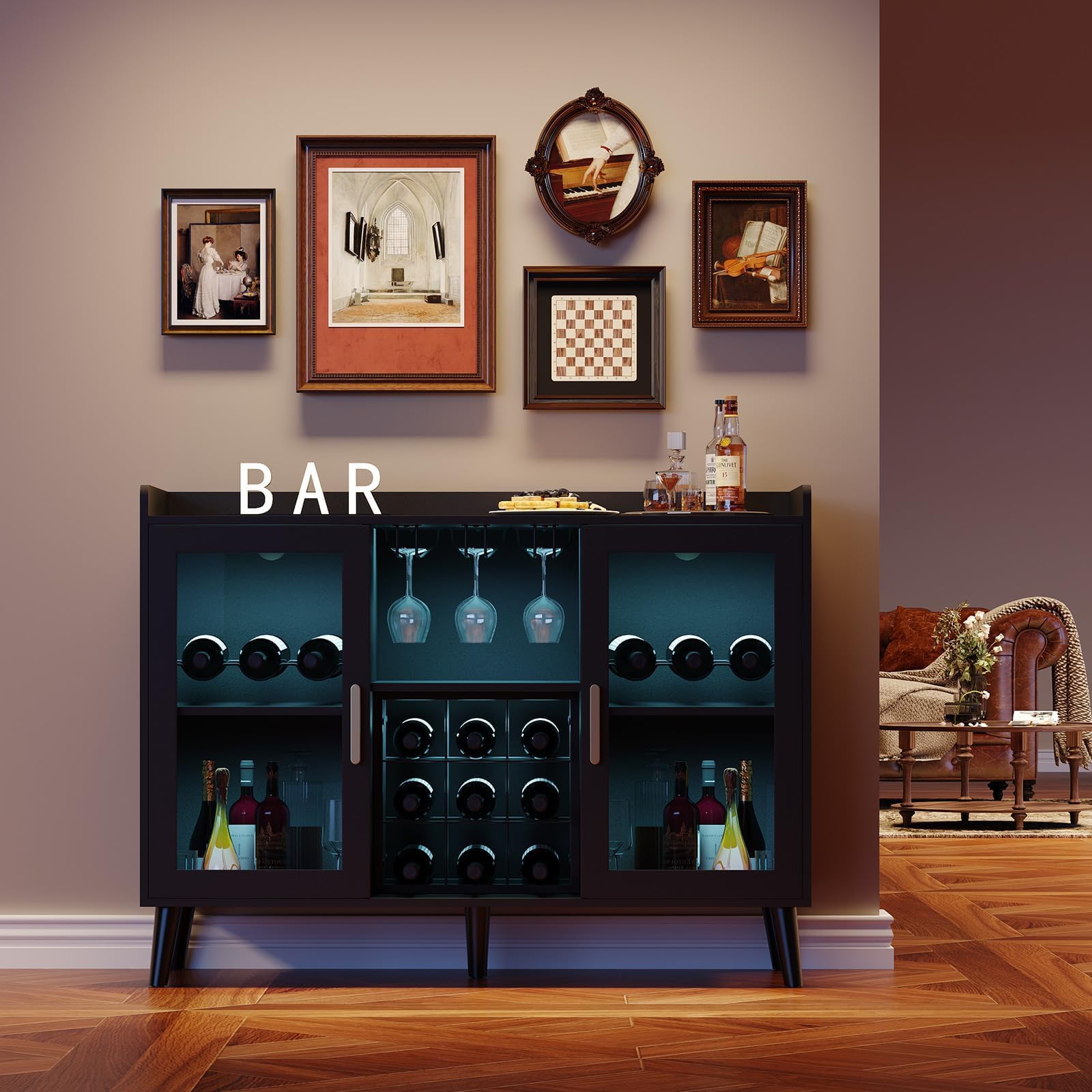 GAOMON Modern Wine Bar Cabinet with LED Lights - Freestanding Coffee & Liquor Storage Cabinet with Glass Holder, Wine Rack, and Doors, 47" Buffet Sideboard for Kitchen Living Dining Rooms, Black