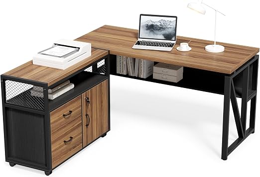 L-Shaped Computer Desk with Lateral Filing Cabinet