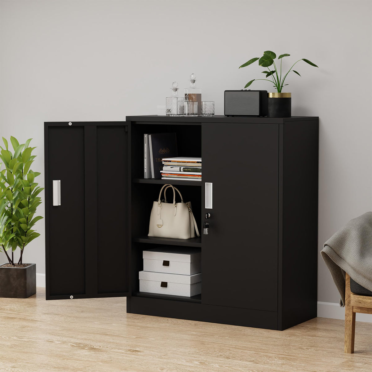 iJINGUR Metal Storage Cabinet with Locking Doors, 36.22" H, Black