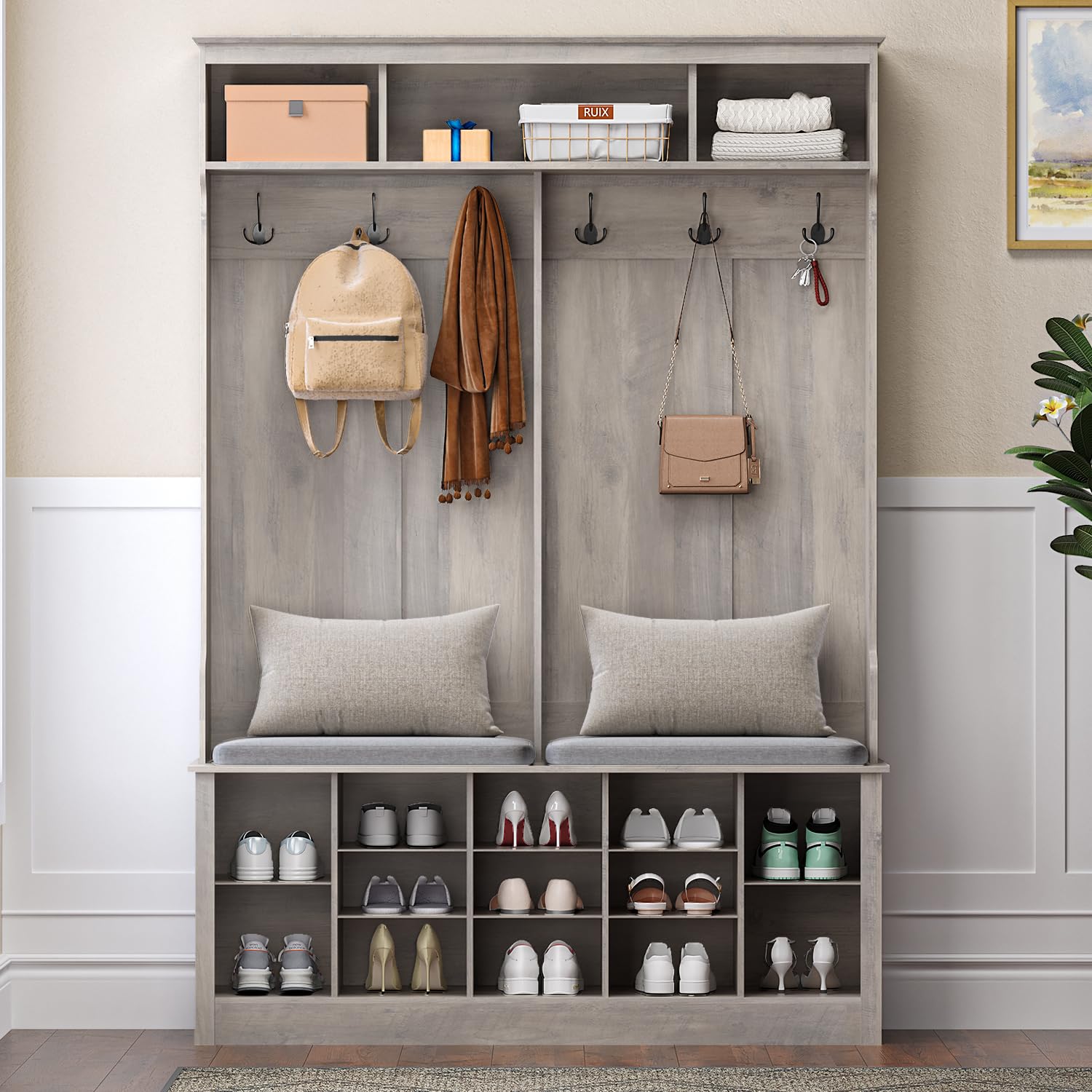 4-in-1 Farmhouse Hall Tree with Bench, 12 Shoe Cubbies & 6 Hooks