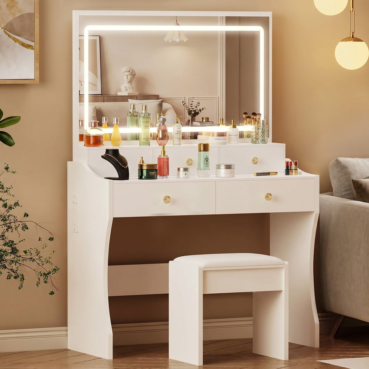 COMHOMA Vanity Desk with LED Lights Mirror & Power Outlet, Small Makeup Vanity Table Set with 5 Storage Drawers, 3 Lighting Modes & Adjustable Brightness, Dressing Table for Women Girls Bedroom, White