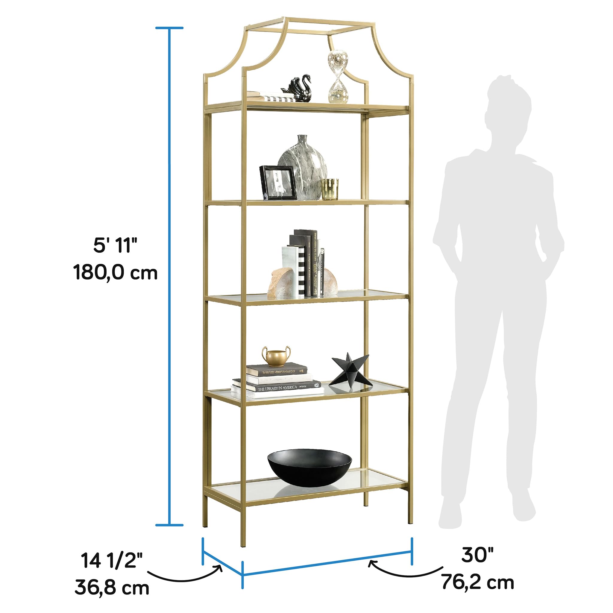5-Shelf Glass Bookcase – Gold Satin Metal Frame