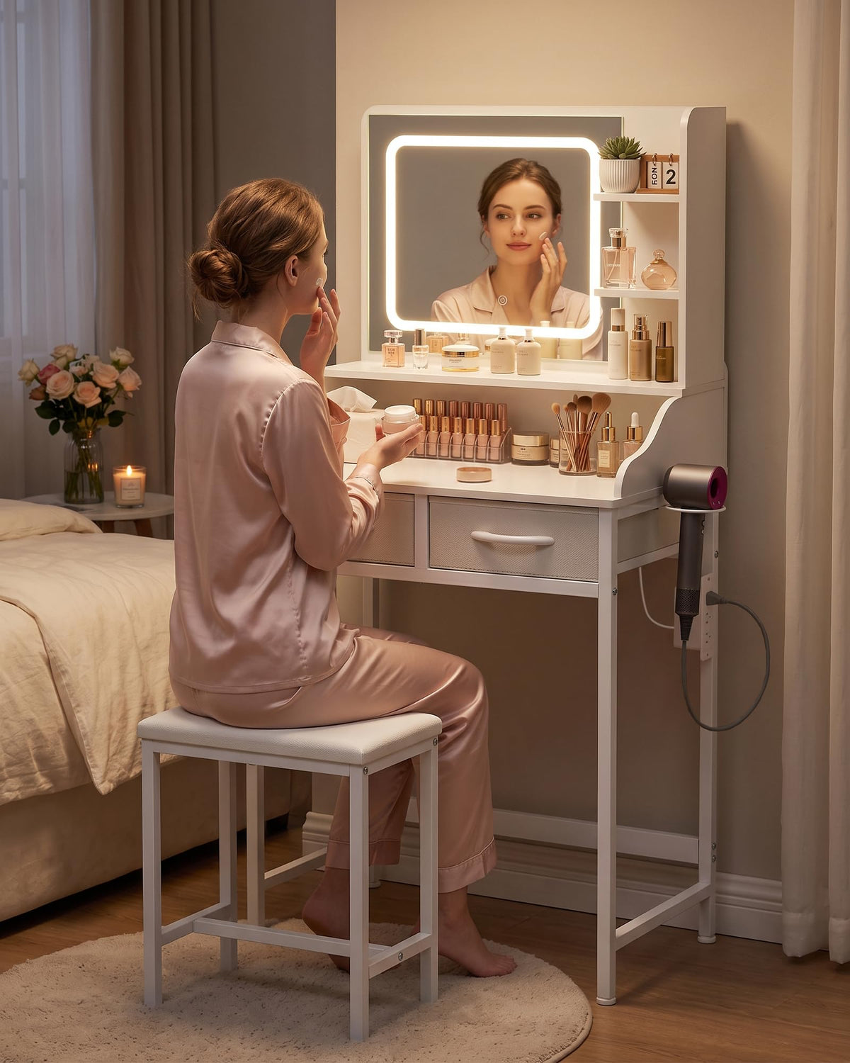 Kitsure 23.6" W Small Vanity Desk with Mirror and Lights, Power Outlet
