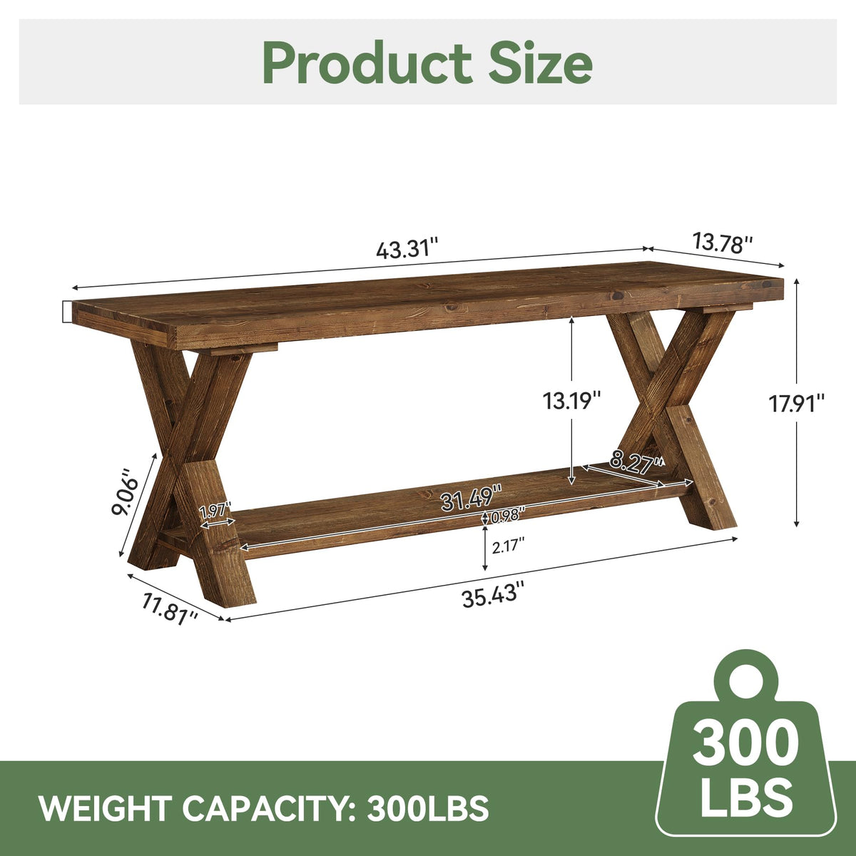 TRIBEWOOD 43.3" Solid Wood Bench, Farmhouse Wooden Entryway Bench with Storage Shelf, X-Shaped Leg Design, Entry Way Shoe Benches Seat for Hallway, Kitchen, Bedroom, Living Room