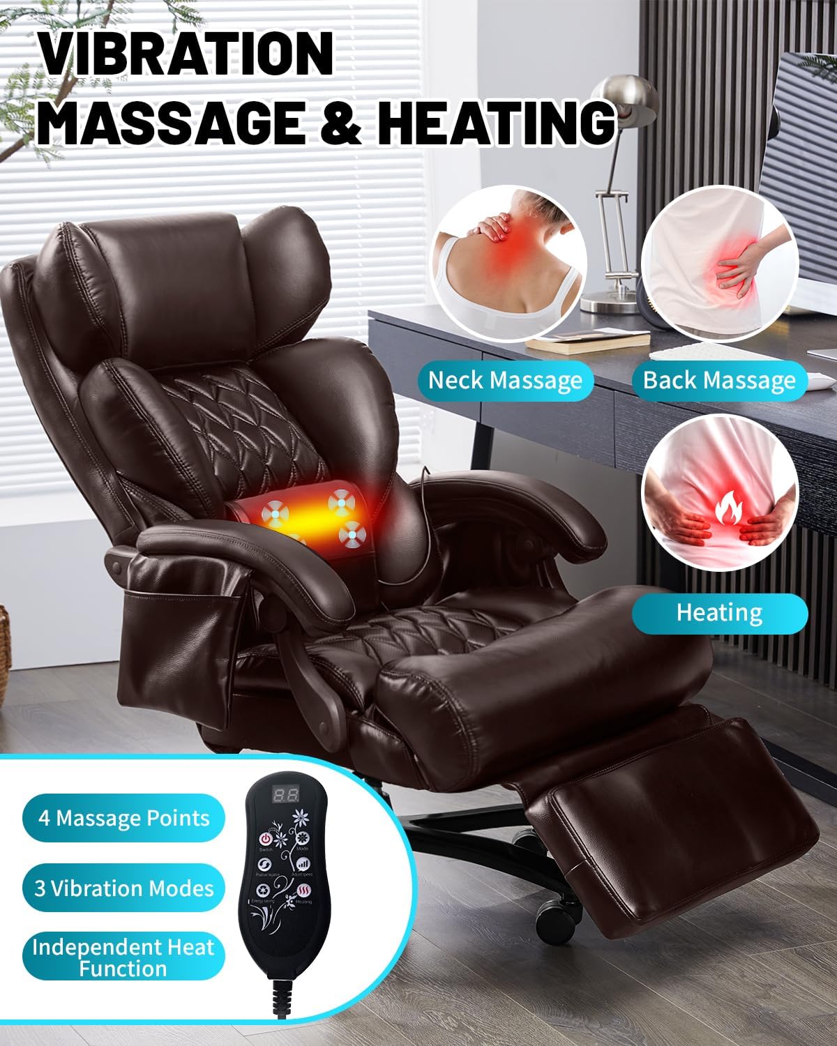 800LBS Massage Office Chair with Foot Rest & 8 Points Vibration Heat for Heavy People,Big and Tall Ergonomic Executive Reclining Desk Chairs for Home Office Managerial Use