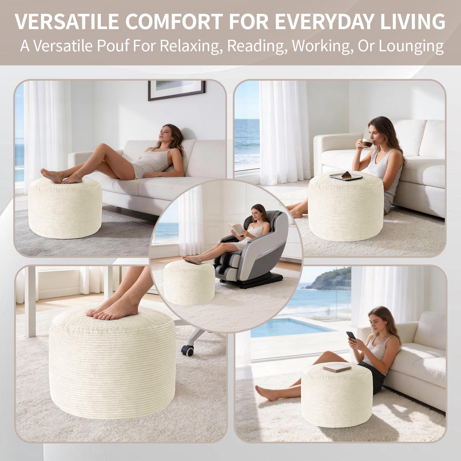 Large Round Corduroy Pouf Ottoman with Memory Foam Filling