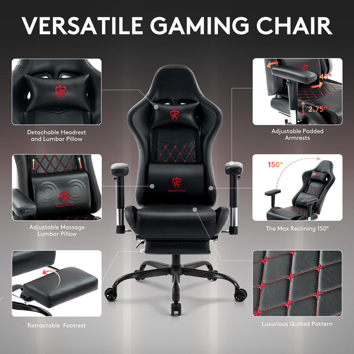 Morkprism Gaming Chair,Office Chair with Massage,Gel Pad,Black Red