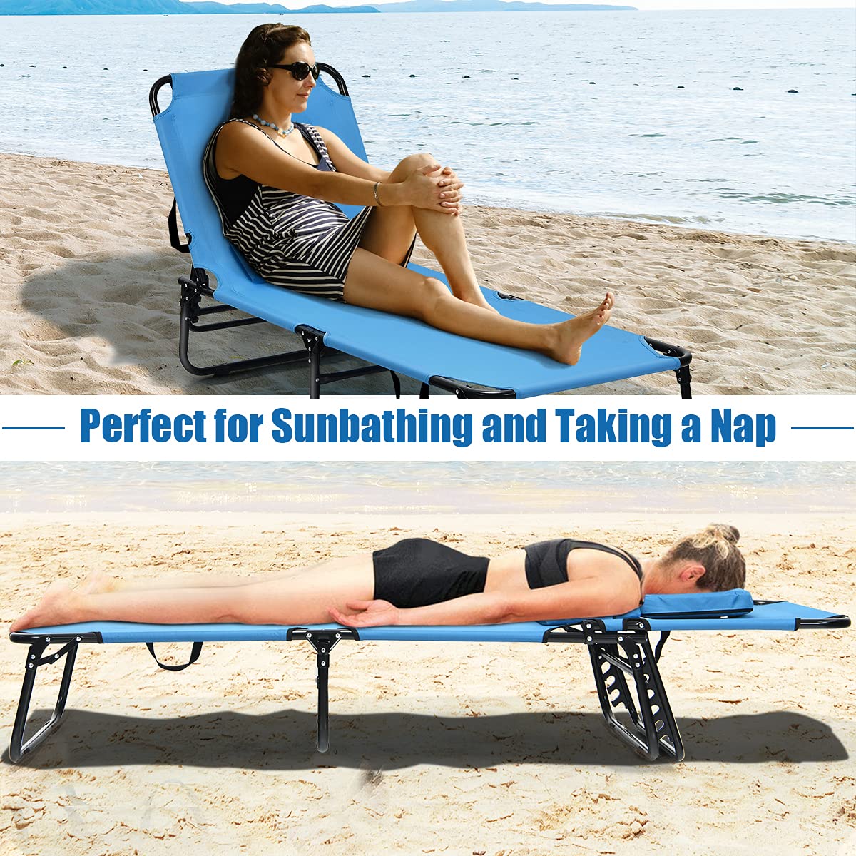 Folding Beach Lounge Chair with 5-Position Adjustable Backrest & Padded Pillows