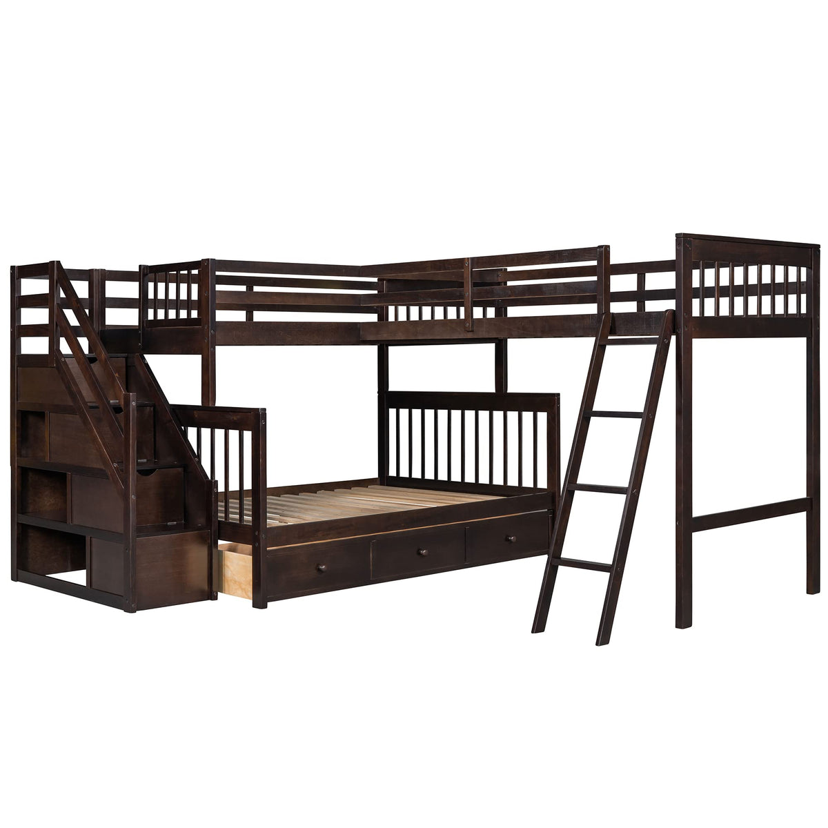 CITYLIGHT Triple Bunk Bed for Kids, Wooden L-Shaped Corner Bunk Bed with 3 Storage Drawers Attached a Twin Loft Bed,Bunk Beds with Stairs and Ladder for Boys Girls Teens,Espresso