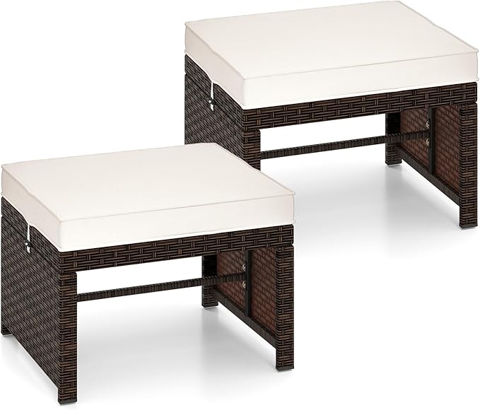 Wicker Outdoor Ottoman Set of 2 with Removable Cushions