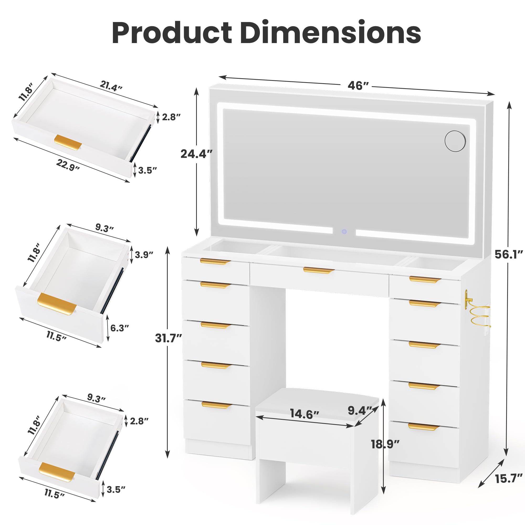 Pamapic Glass Top Vanity Desk with Mirror and Lights, 11 Drawers Makeup Vanity with Charging Station and Chair, Golden Handles Dressing Table, 3 Lighting Modes Makeup Table, White