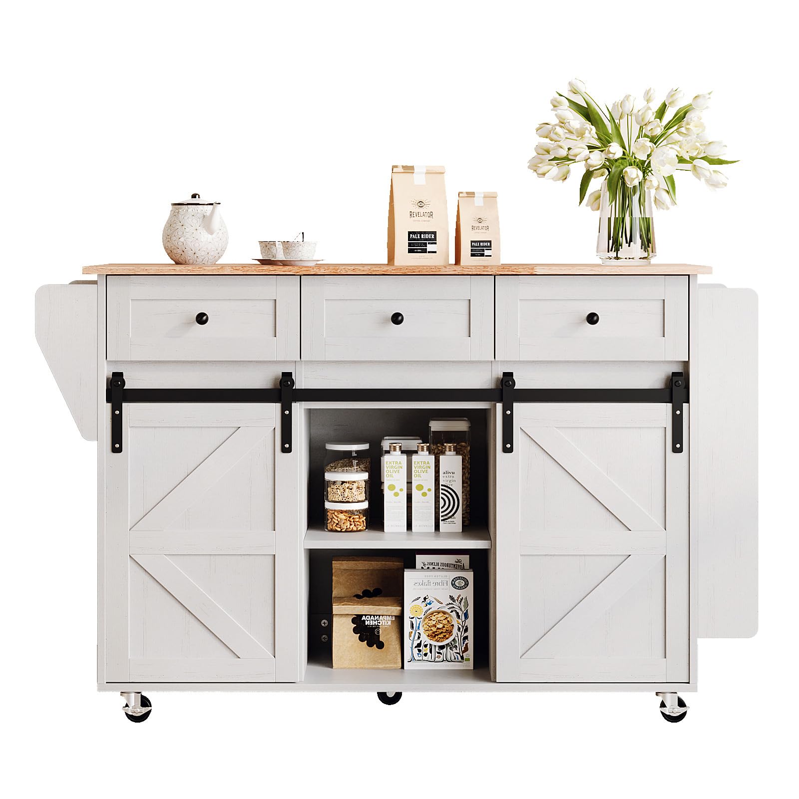 VINGLI Kitchen Island with Storage, 52" Rolling Kitchen Cart with 3 Drawers & Shelves, Drop Leaf Design, Mobile Island with Barn Sliding Doors, Towel & Spice Rack for Kitchen & Dining, White