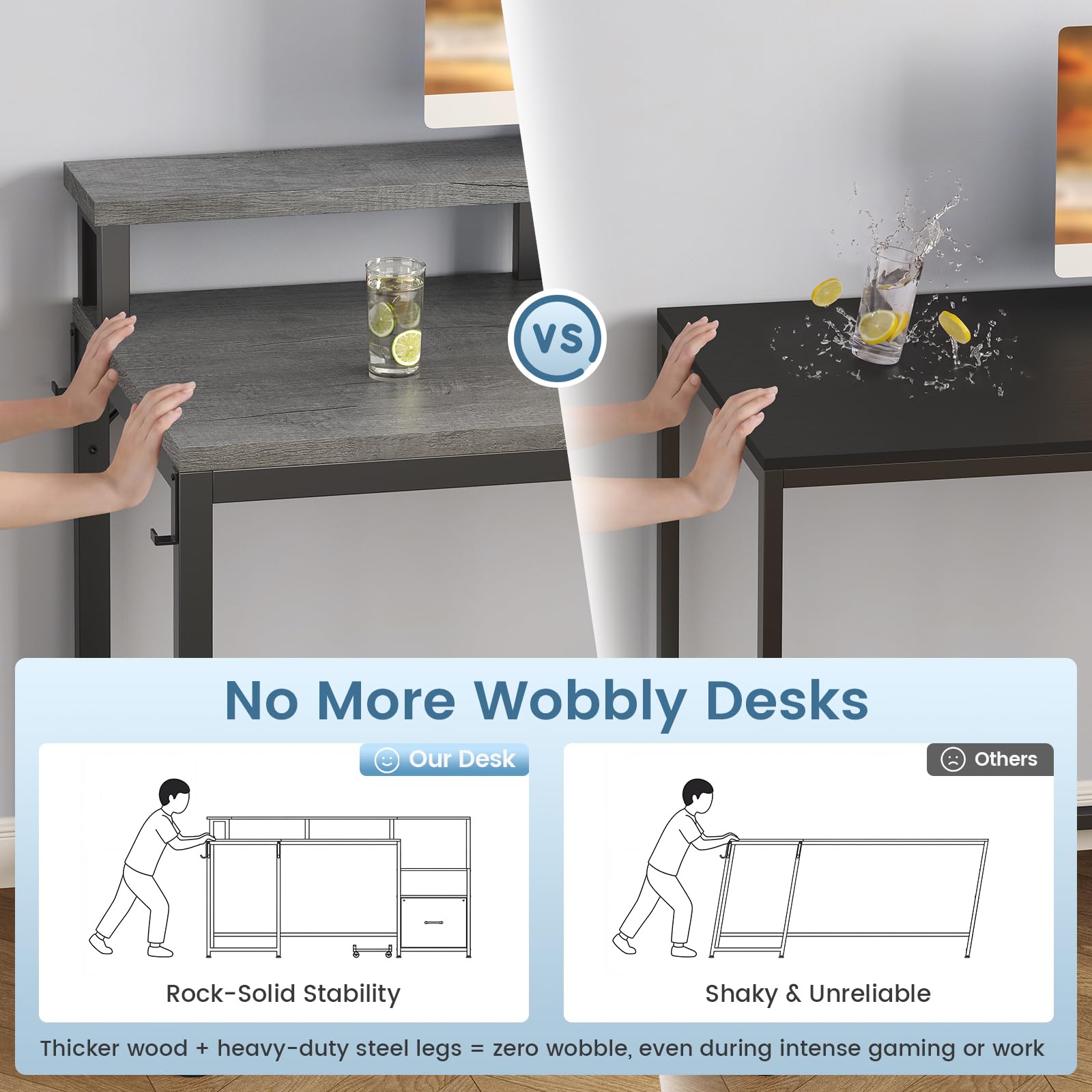 SEDETA L Shaped Desk, 66" Home Office Desk with File Drawer & Power Outlet, Gaming Desk with Led Lights, Corner Computer Desk with Monitor Shelf, Printer Storage Shelves, Two Person Desk, Grey