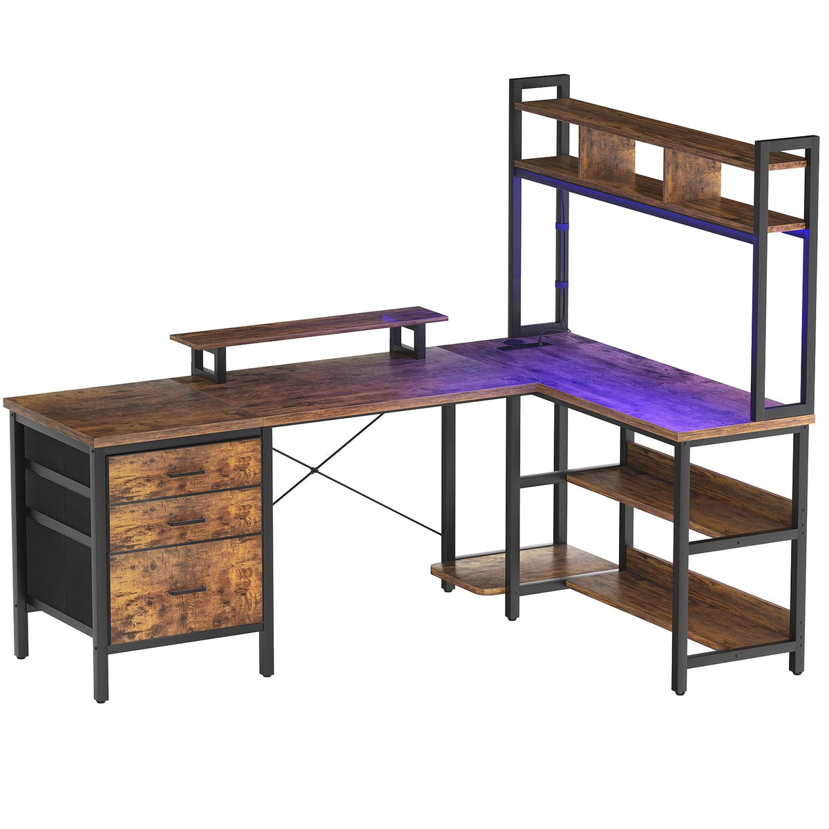 L-Shaped LED Desk with Hutch