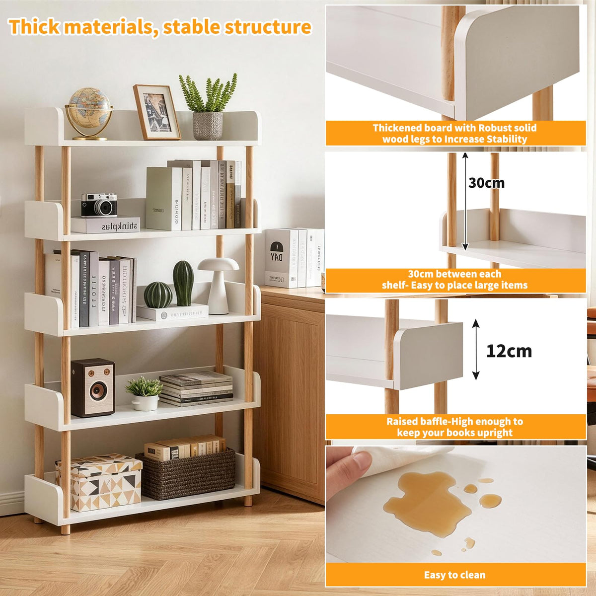 Aibiju Five-Tier Wooden Open Bookshelf - Modern Display Bookshelf for Home and Office Use, with Storage Cabinets, White YD-BC006W