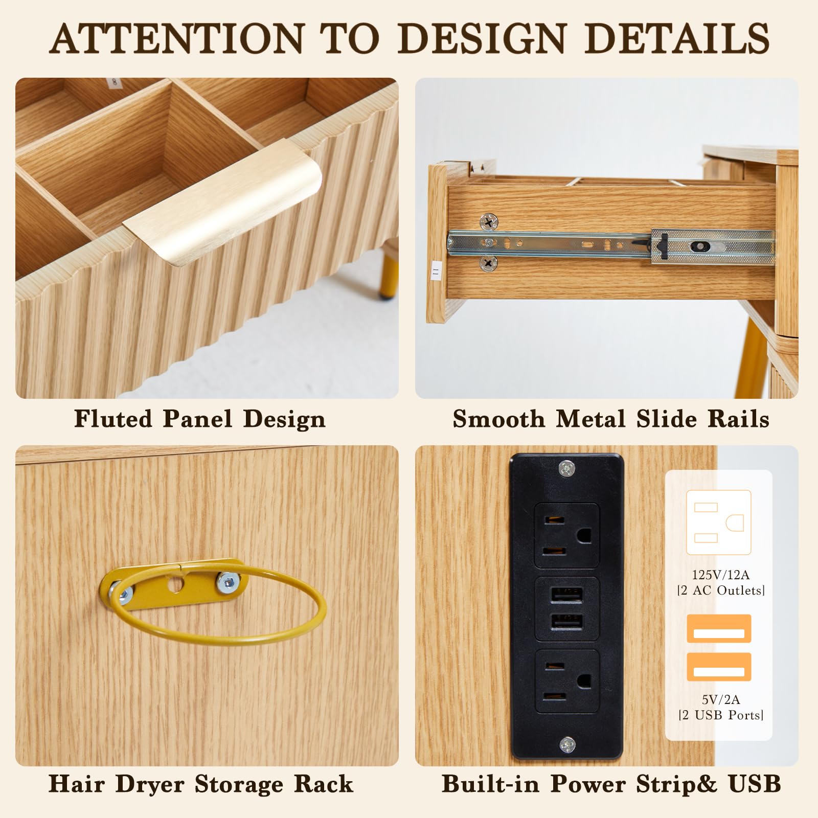 Fluted Makeup Vanity Desk with Upholstered Stool for Women, 40" Wooden Vanity Table with Mirror and Lights, Modern Glass Top, Adjustable Shelves,Dressing Table Set Charging Station for Bedroom, Oak