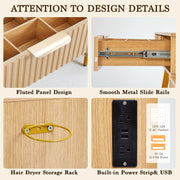 Fluted Makeup Vanity Desk with Upholstered Stool for Women, 40" Wooden Vanity Table with Mirror and Lights, Modern Glass Top, Adjustable Shelves,Dressing Table Set Charging Station for Bedroom, Oak