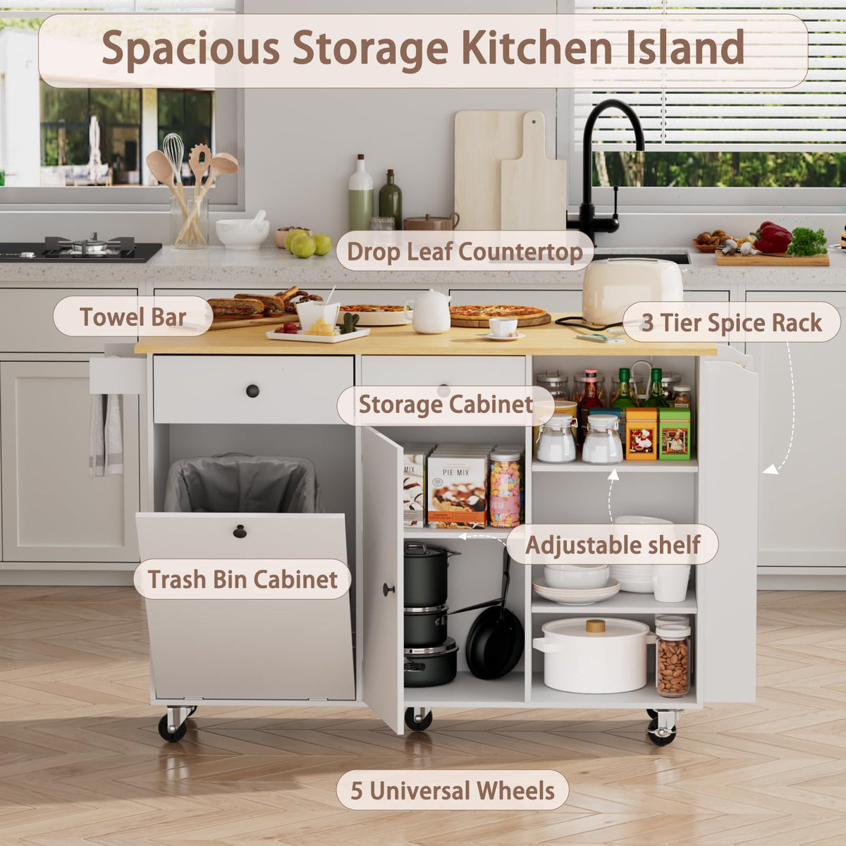 OAKANDO 60" Kitchen Island cart with Storage，Kitchen Island with Folding Drop Leaf & Power Outlet-Rolling,Towel Rack, 2 Drawers-Island Table for Kitchen with Trash Storage Cabinet