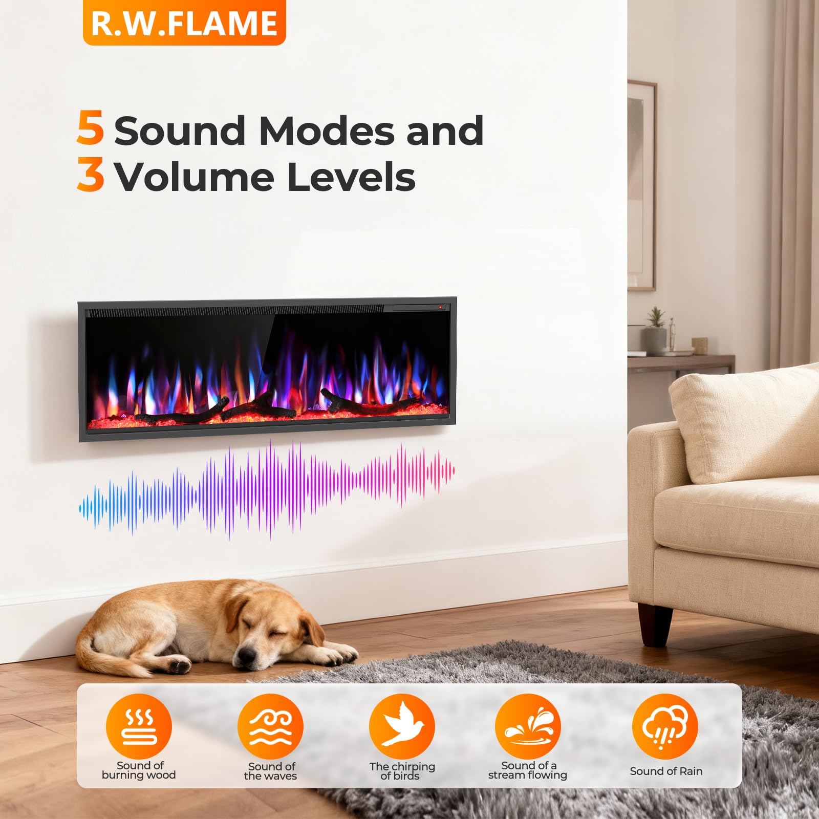 R.W.FLAME 50" Recessed and Wall Mounted Smart Electric Fireplace, Alexa/WiFi Enabled, APP Control with Multiple Sound Modes, Adjustable Flame Colors and Speed, Available with Log & Crystal Options
